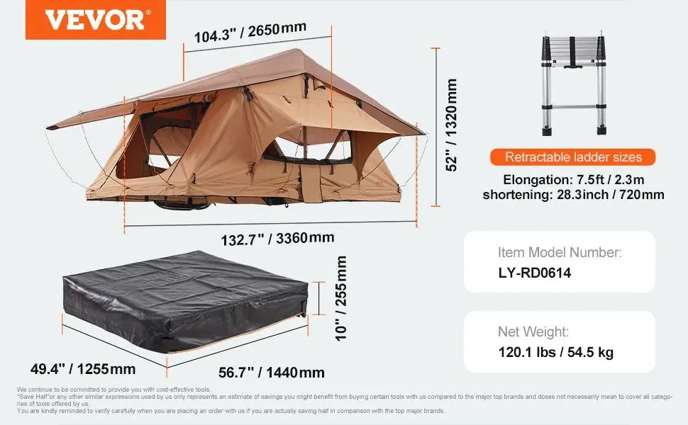 Hardshell Folding Rooftop Tent with Telescopic Ladder, Mattress & Waterproof PVC Cover for SUV, Van, Pickup Truck - Trekker Essentials