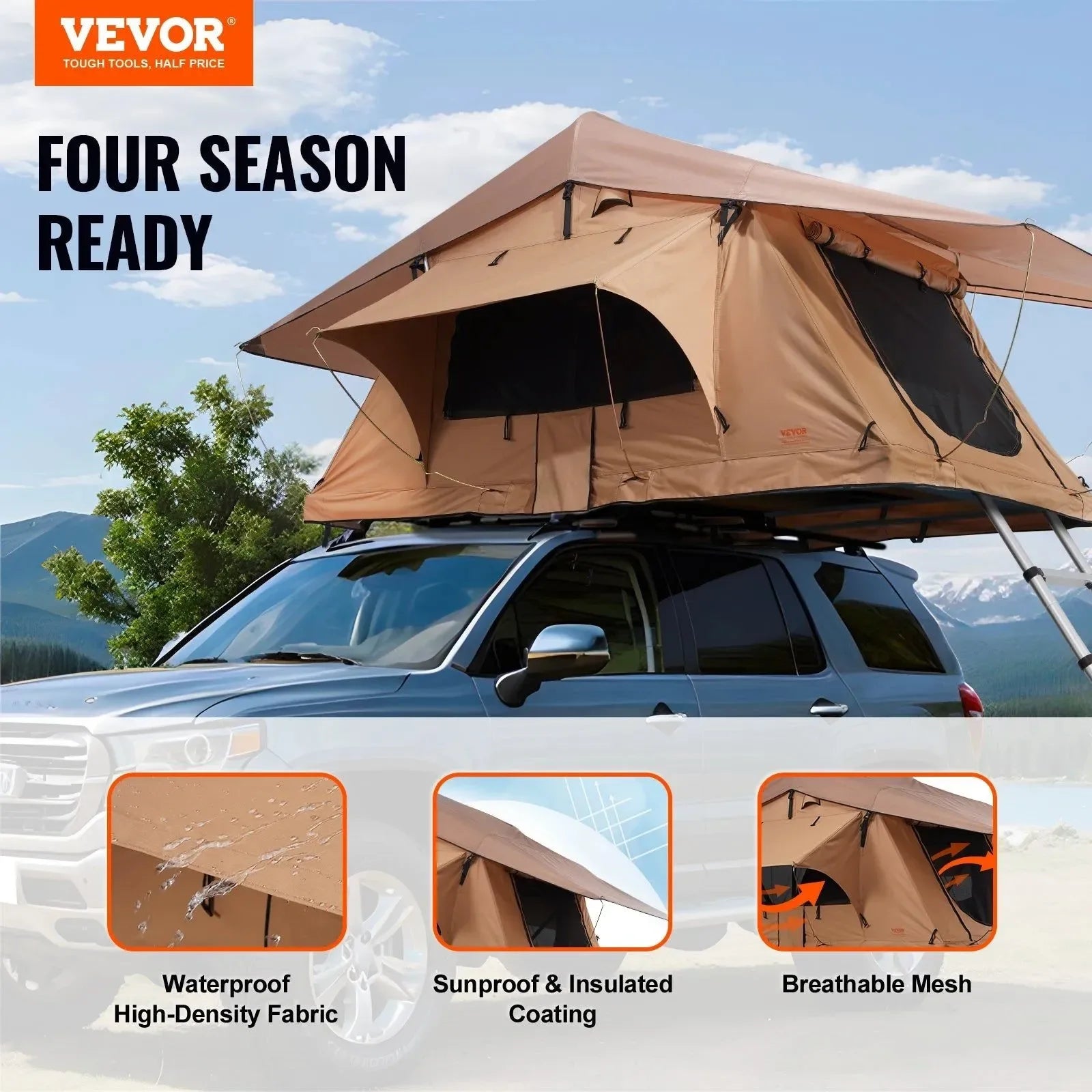 Hardshell Folding Rooftop Tent with Telescopic Ladder, Mattress & Waterproof PVC Cover for SUV, Van, Pickup Truck - Trekker Essentials