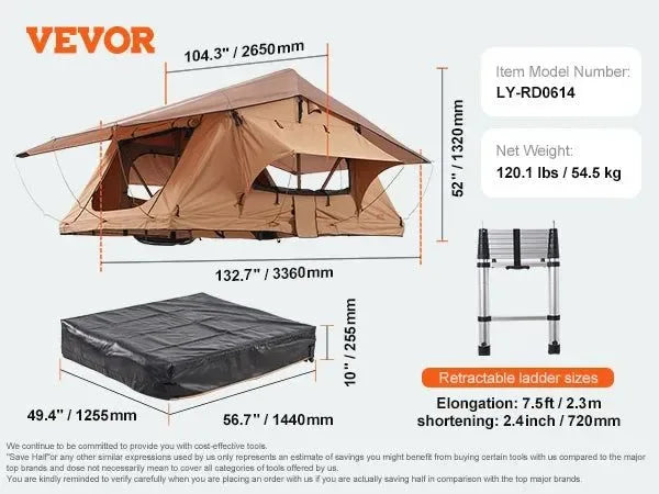 Hardshell Folding Rooftop Tent with Telescopic Ladder, Mattress & Waterproof PVC Cover for SUV, Van, Pickup Truck - Trekker Essentials