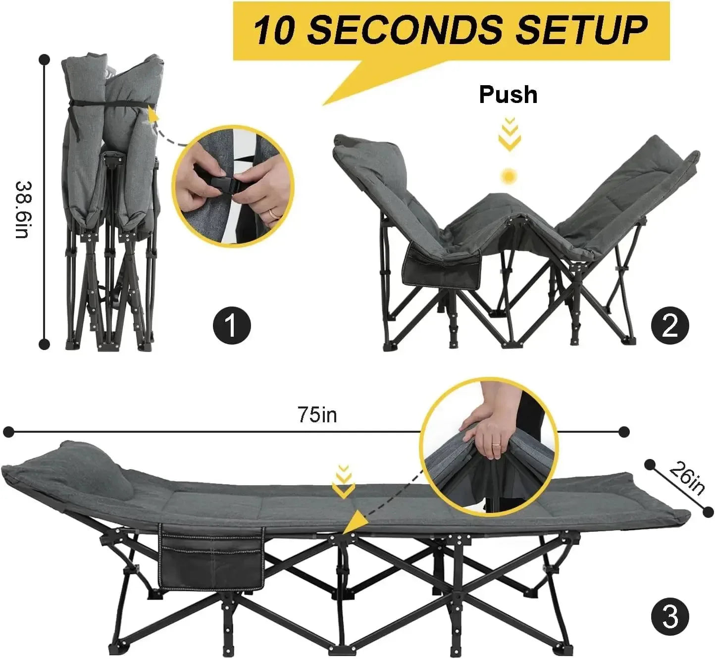 Heavy Duty Foldable Camping Cot with Quiet Pillow – 5-Position Adjustable Sleeping Cot for Adults - Trekker Essentials