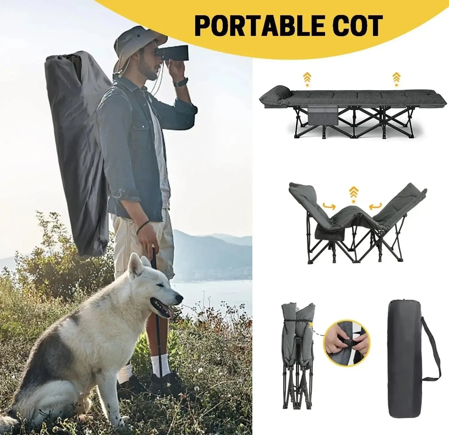 Heavy Duty Foldable Camping Cot with Quiet Pillow – 5-Position Adjustable Sleeping Cot for Adults - Trekker Essentials