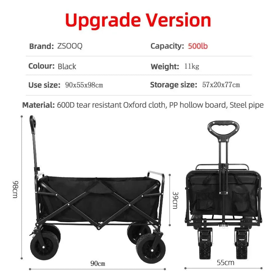 Heavy Duty Folding Utility Wagon - 500LB Capacity Collapsible Beach Cart for Camping, Garden & Outdoor Use - Trekker Essentials