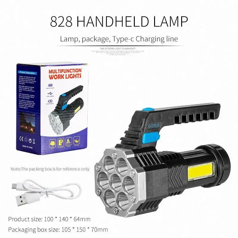 High Power LED Camping Torch - Rechargeable Hand Lantern with 7 Lamp Beads and COB Side Light - Trekker Essentials