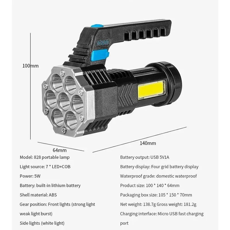 High Power LED Camping Torch - Rechargeable Hand Lantern with 7 Lamp Beads and COB Side Light - Trekker Essentials