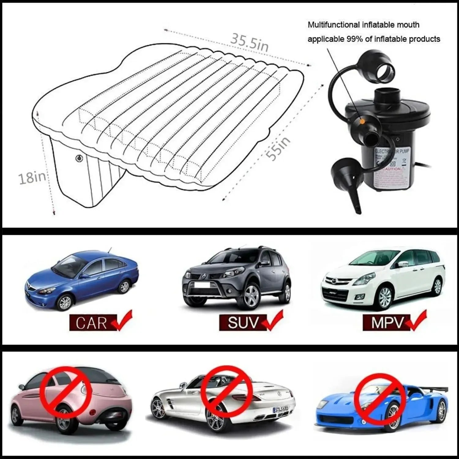 Inflatable Car Bed & Camping Mattress | SUV-Ready Portable Air Couch for Travel/Sleeping | w/ 2 Air Pillows | Black - Trekker Essentials