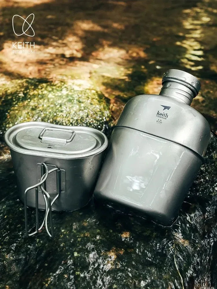 Keith Ti3060 Pure Titanium Canteen Mess Kit – Ultralight Camping Water Bottle & Cup Set with Carrying Pouch - Trekker Essentials