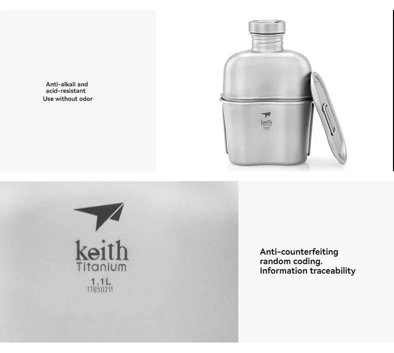 Keith Ti3060 Pure Titanium Canteen Mess Kit – Ultralight Camping Water Bottle & Cup Set with Carrying Pouch - Trekker Essentials