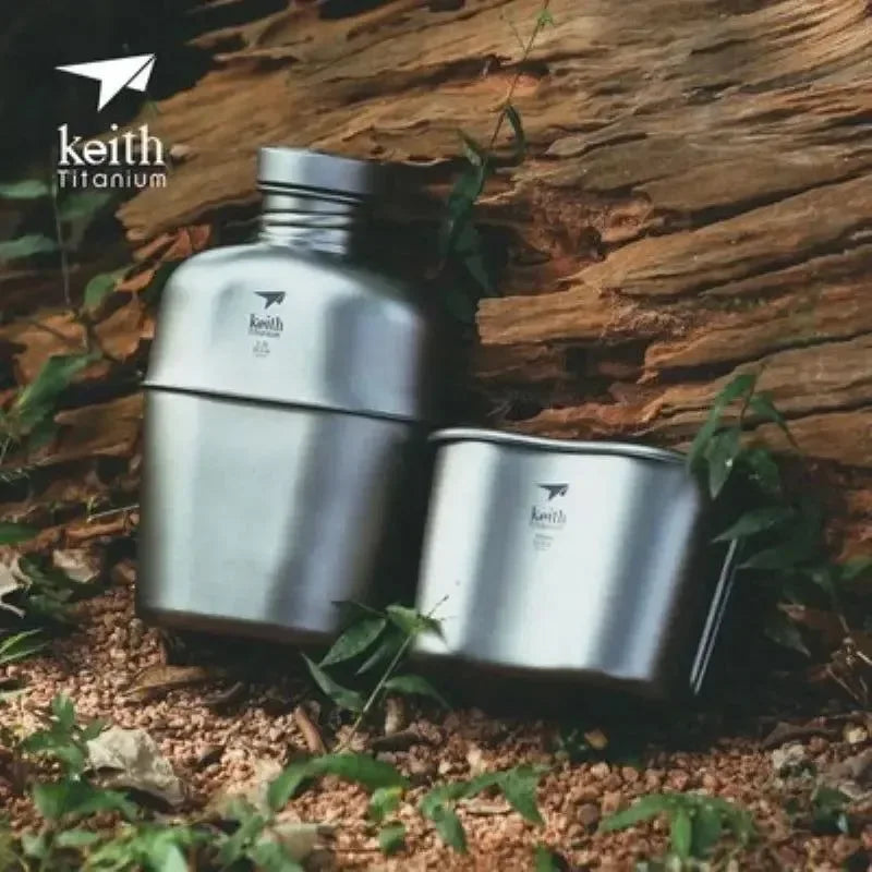 Keith Ti3060 Pure Titanium Canteen Mess Kit – Ultralight Camping Water Bottle & Cup Set with Carrying Pouch - Trekker Essentials