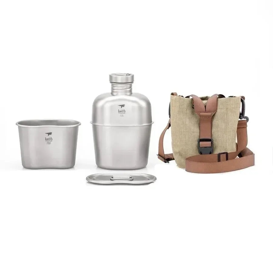 Keith Ti3060 Pure Titanium Canteen Mess Kit – Ultralight Camping Water Bottle & Cup Set with Carrying Pouch - Trekker Essentials