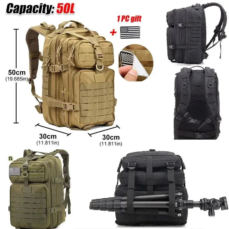 Large Capacity Waterproof Tactical Backpack for Men - 50L Outdoor Bug Rucksack for Hiking, Camping, Hunting - Trekker Essentials