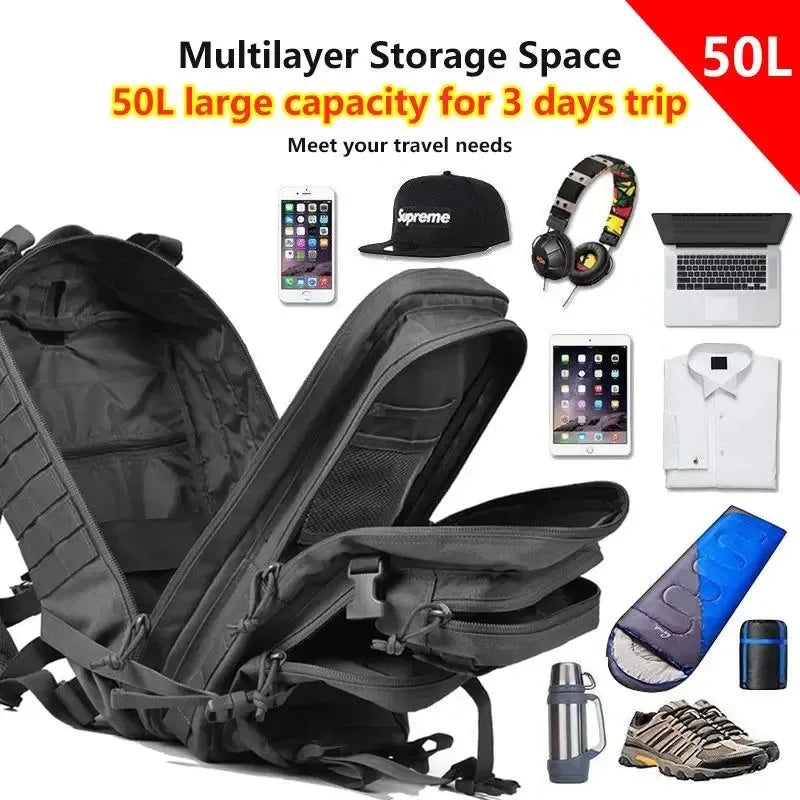 Large Capacity Waterproof Tactical Backpack for Men - 50L Outdoor Bug Rucksack for Hiking, Camping, Hunting - Trekker Essentials
