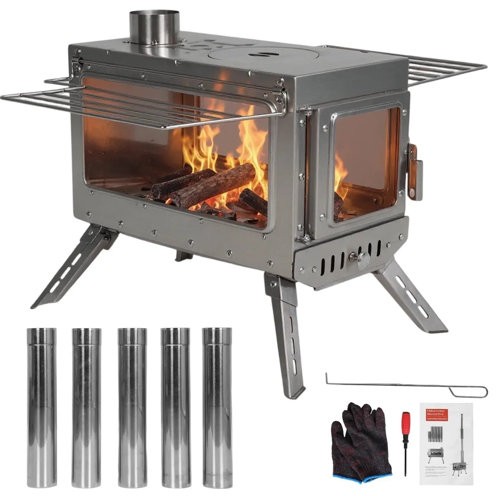 Large Stainless Steel Tent Stove with Chimney Pipe: Portable Wood Burner for Heating & Cooking - Trekker Essentials
