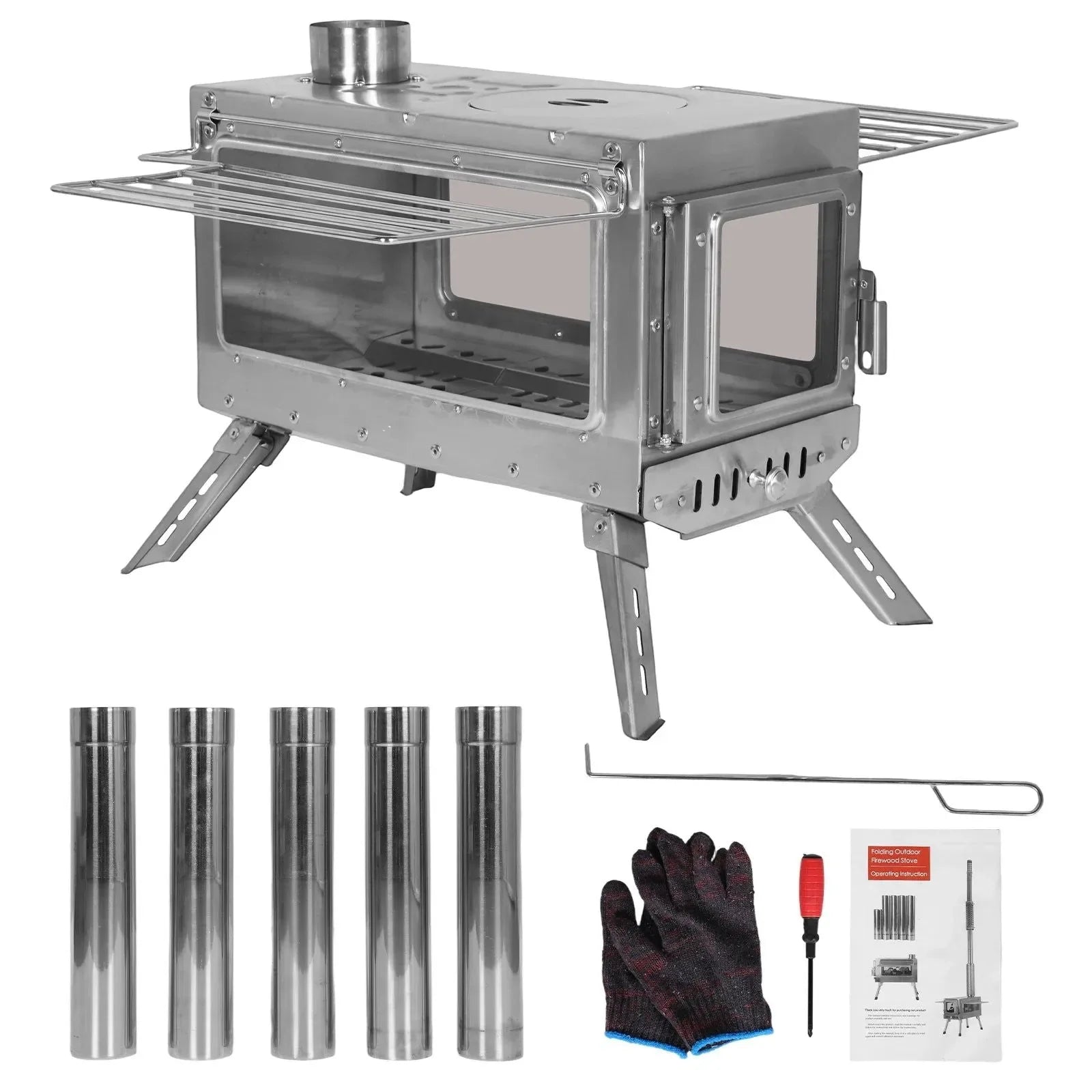 Large Stainless Steel Tent Stove with Chimney Pipe: Portable Wood Burner for Heating & Cooking - Trekker Essentials