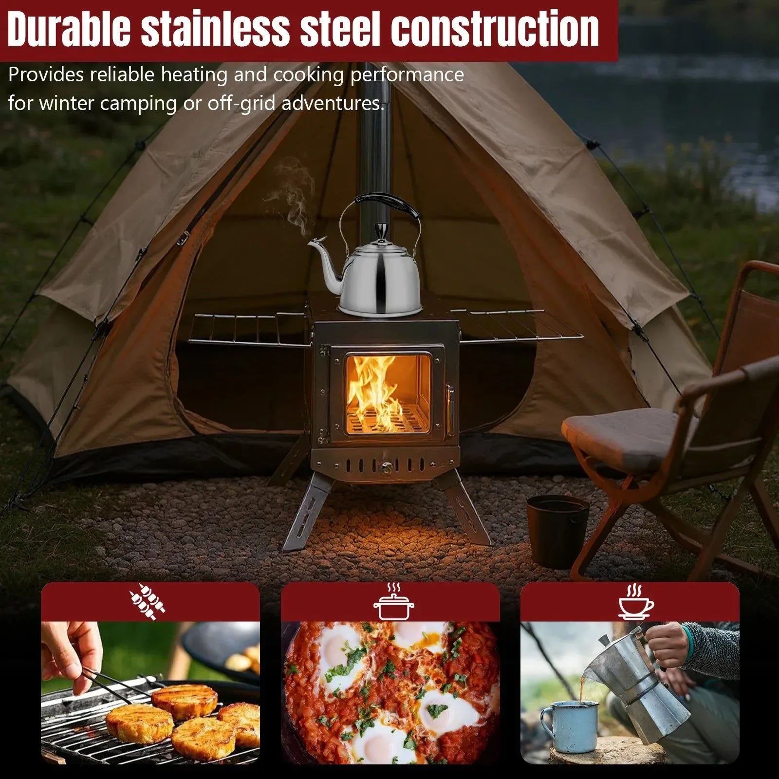 Large Stainless Steel Tent Stove with Chimney Pipe: Portable Wood Burner for Heating & Cooking - Trekker Essentials