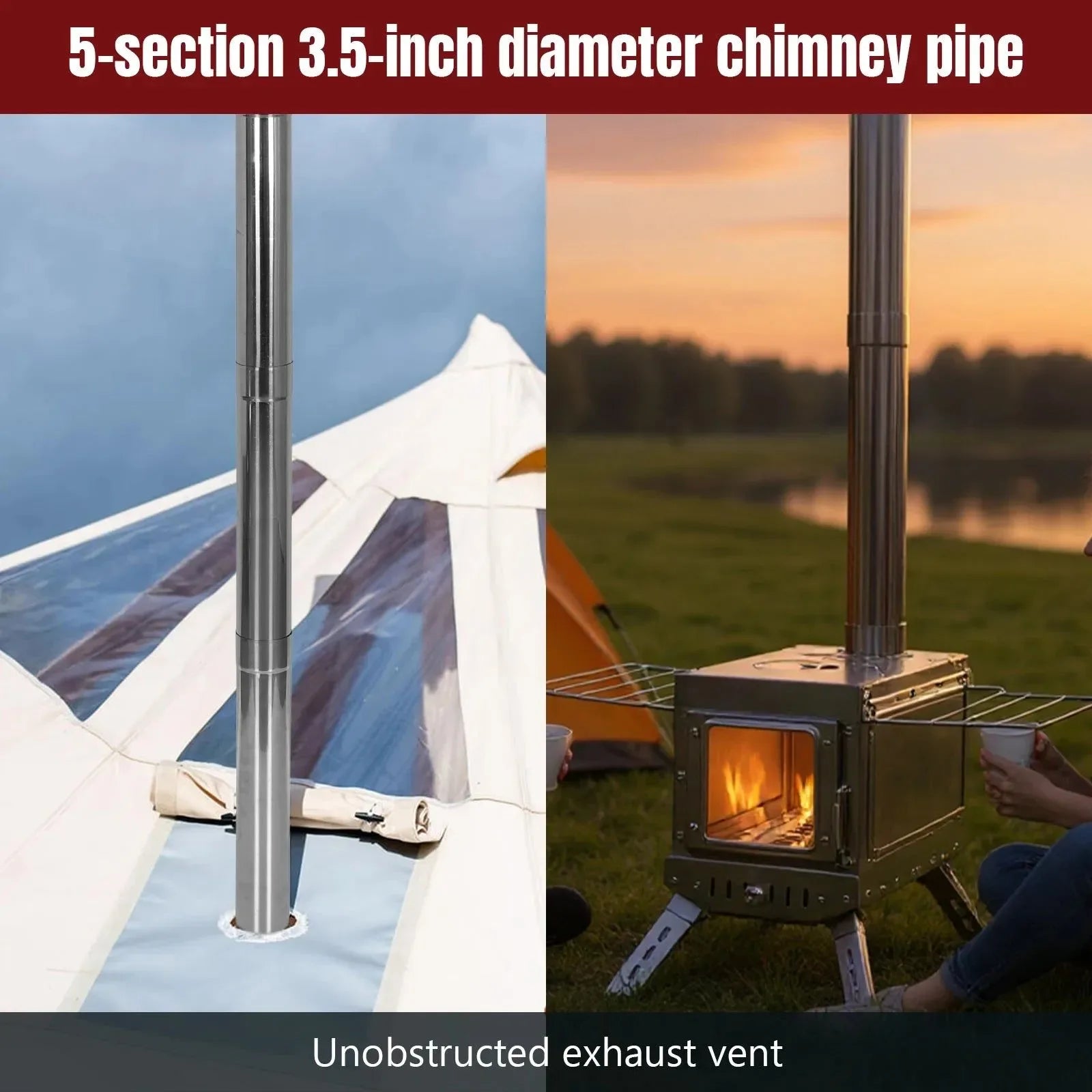 Large Stainless Steel Tent Stove with Chimney Pipe: Portable Wood Burner for Heating & Cooking - Trekker Essentials