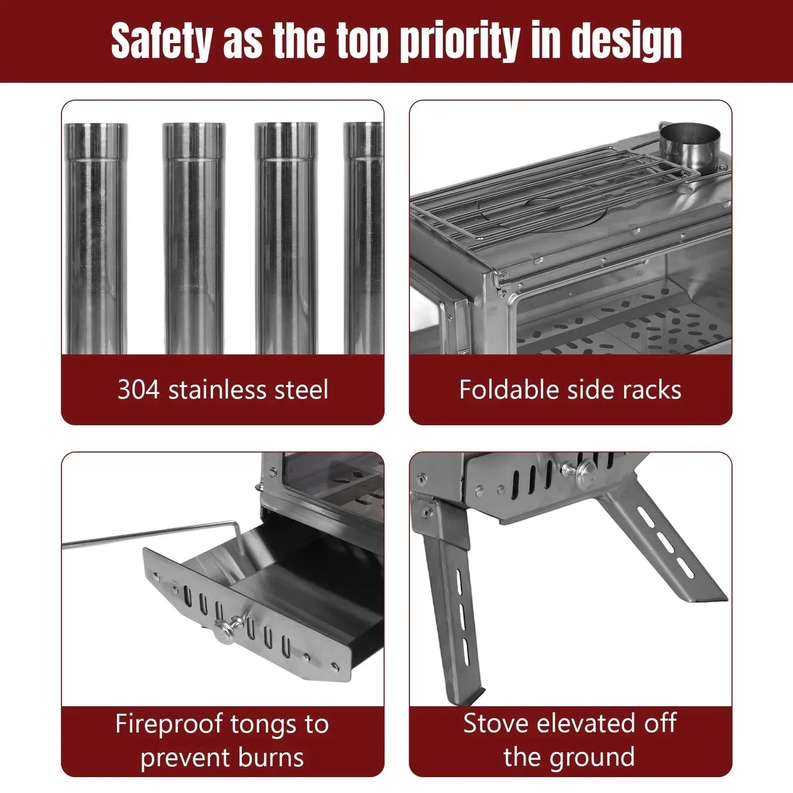 Large Stainless Steel Tent Stove with Chimney Pipe: Portable Wood Burner for Heating & Cooking - Trekker Essentials