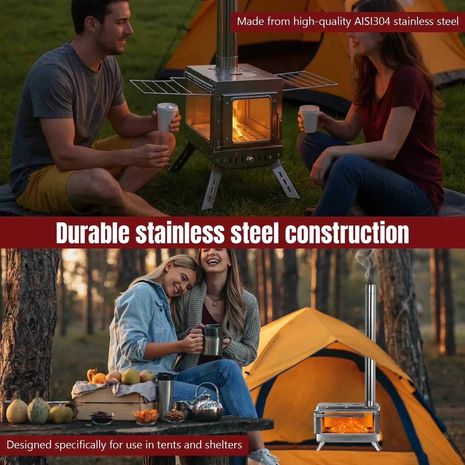 Large Stainless Steel Tent Stove with Chimney Pipe: Portable Wood Burner for Heating & Cooking - Trekker Essentials