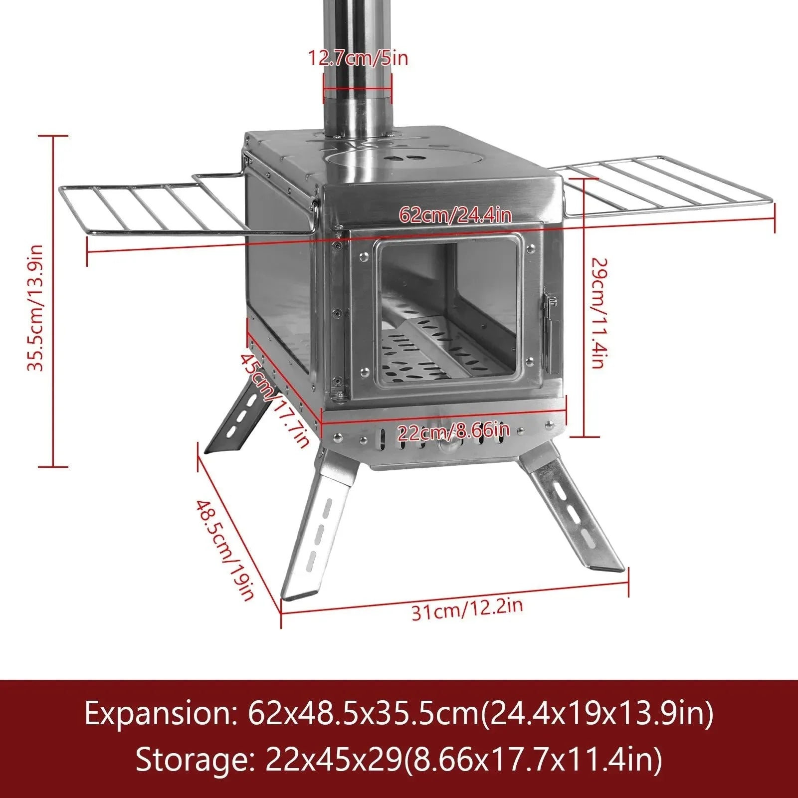 Large Stainless Steel Tent Stove with Chimney Pipe: Portable Wood Burner for Heating & Cooking - Trekker Essentials