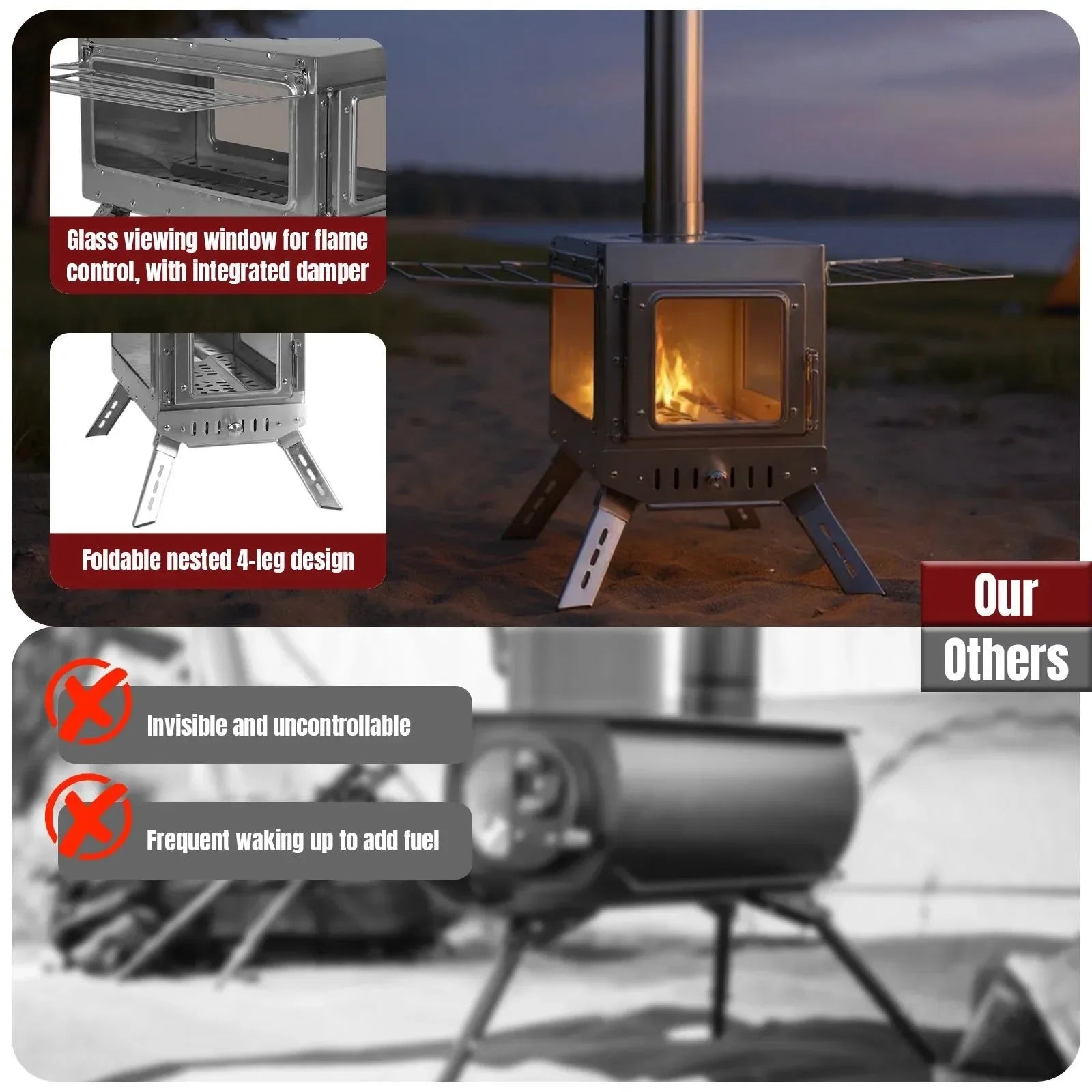 Large Stainless Steel Tent Stove with Chimney Pipe: Portable Wood Burner for Heating & Cooking - Trekker Essentials