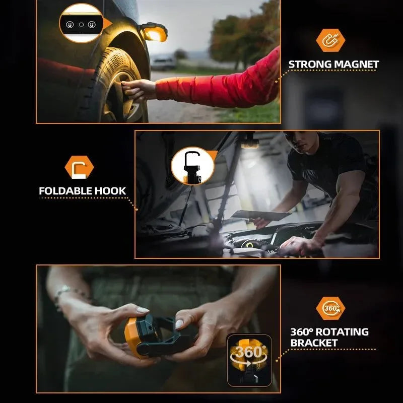 LED Rechargeable Work Light - Magnetic Base, Hanging Hook, 360° Rotatable, 7 Modes - Trekker Essentials