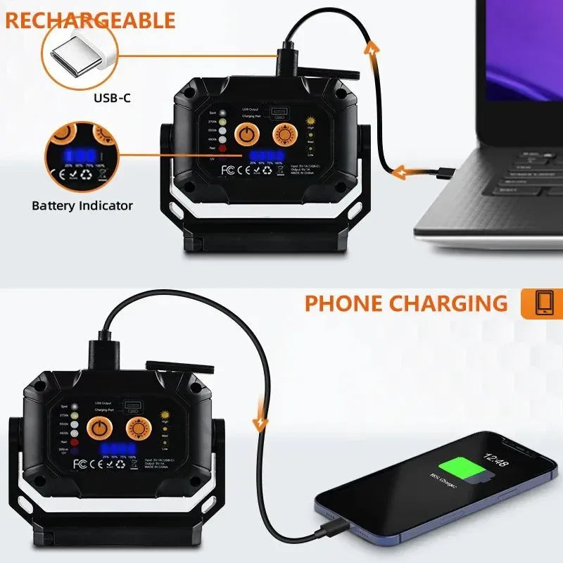 LED Rechargeable Work Light - Magnetic Base, Hanging Hook, 360° Rotatable, 7 Modes - Trekker Essentials