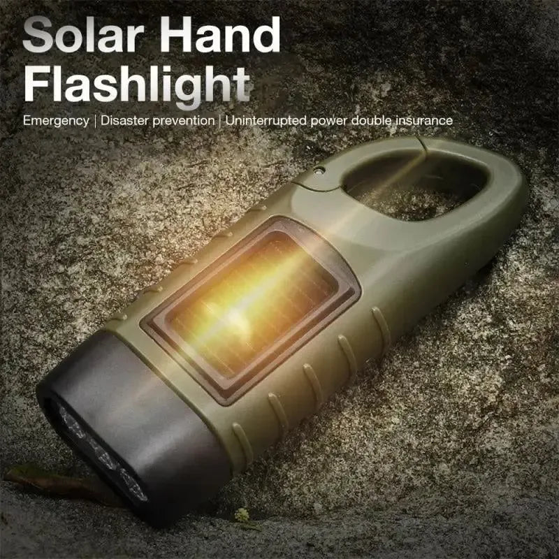 LED Solar Power Flashlight with Hand Crank Rechargeable Keychain Light - Outdoor Survival Emergency Flashlight for Camping Hiking - Trekker Essentials