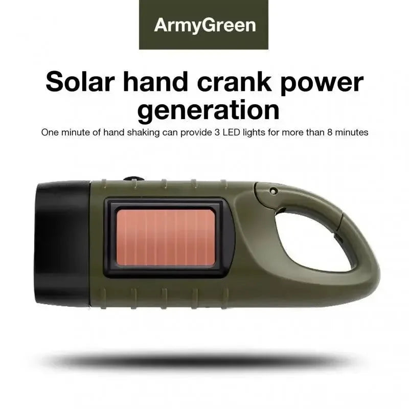 LED Solar Power Flashlight with Hand Crank Rechargeable Keychain Light - Outdoor Survival Emergency Flashlight for Camping Hiking - Trekker Essentials