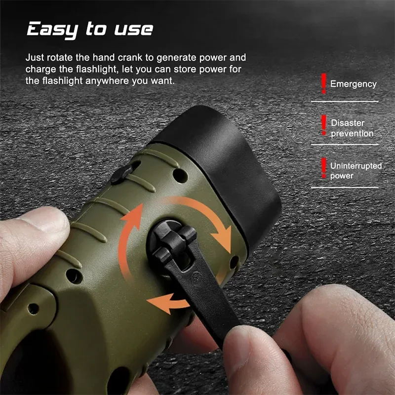 LED Solar Power Flashlight with Hand Crank Rechargeable Keychain Light - Outdoor Survival Emergency Flashlight for Camping Hiking - Trekker Essentials