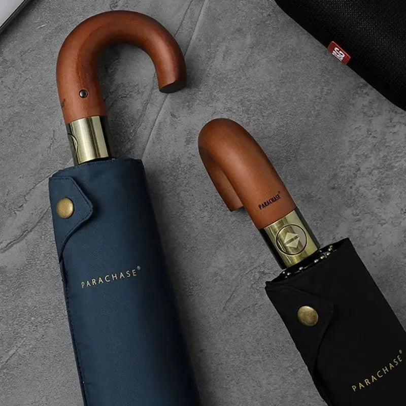 Luxury Wooden Windproof 10-Rib Umbrella - Parachase Fully Automatic Folding Golf Umbrella - Trekker Essentials