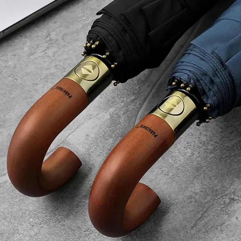 Luxury Wooden Windproof 10-Rib Umbrella - Parachase Fully Automatic Folding Golf Umbrella - Trekker Essentials