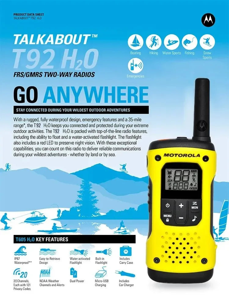 Motorola TALKABOUT T92 H2O Public Radio Service [IP67] Extreme Sport Emergency Rescue License-Free Handheld Walkie Talkie - Trekker Essentials