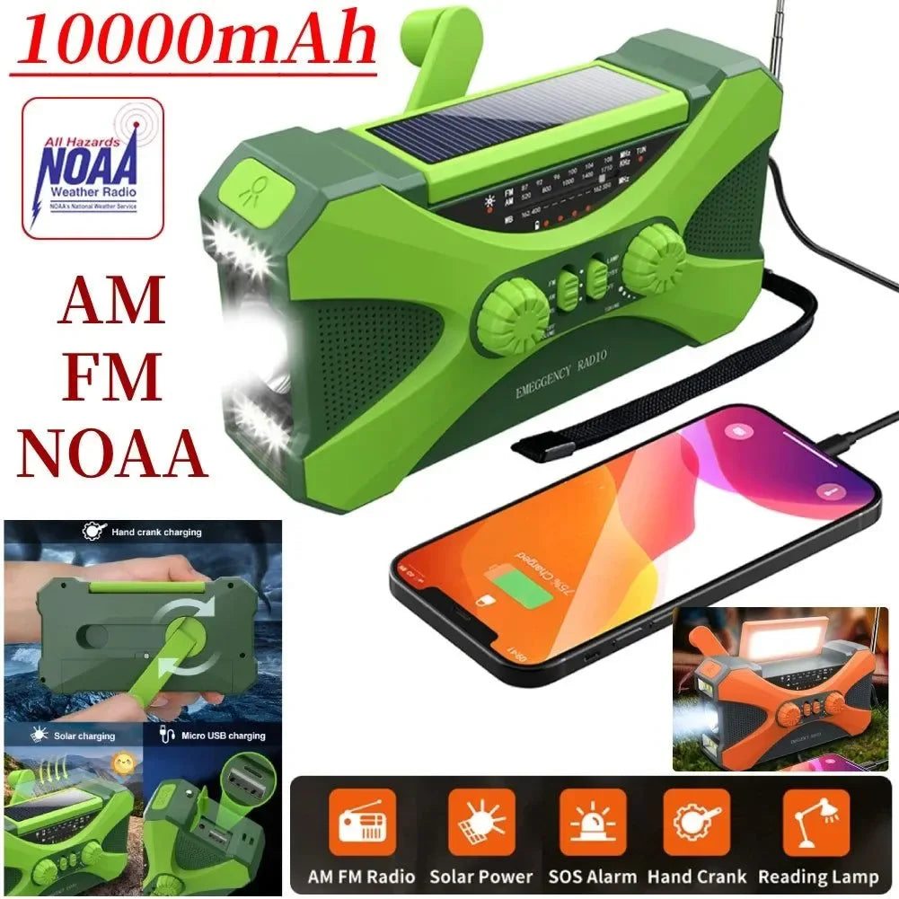 Multifunctional Hand Crank Solar Weather Radio with AM/FM/WB, USB Charging, LED Flashlight, and Power Bank 10000mAh - Trekker Essentials