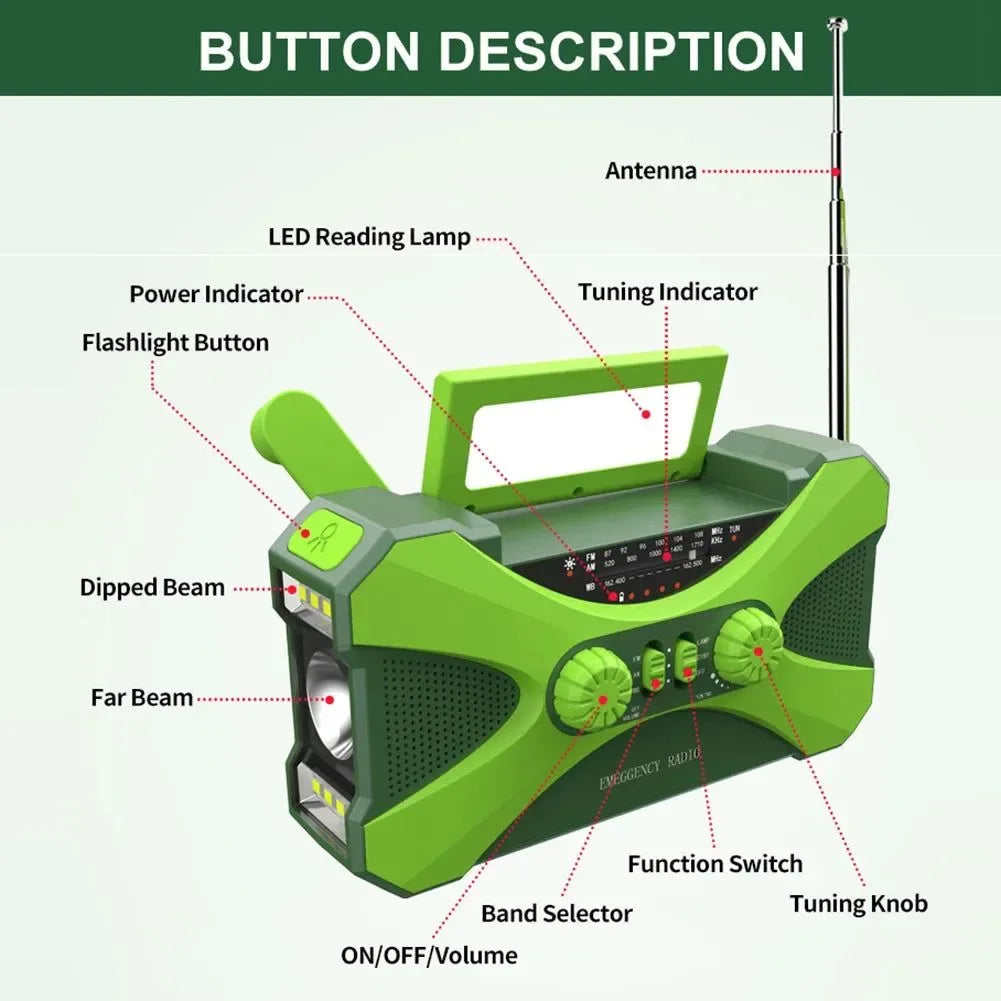 Multifunctional Hand Crank Solar Weather Radio with AM/FM/WB, USB Charging, LED Flashlight, and Power Bank 10000mAh - Trekker Essentials