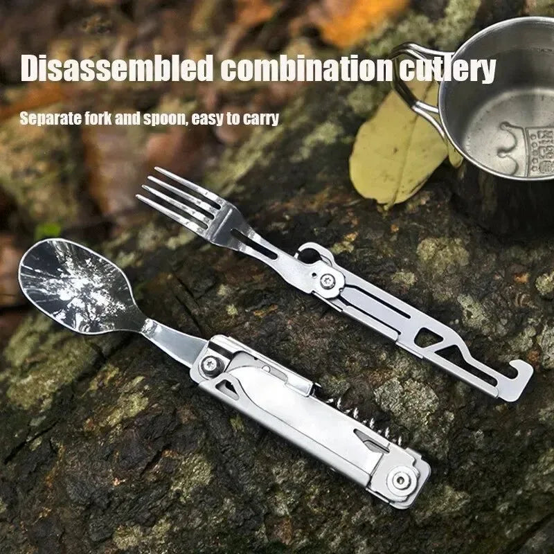 Multifunctional Portable Folding Cutlery Set - Stainless Steel Knife, Fork, Spoon, and Can Opener for Outdoor Camping - Trekker Essentials