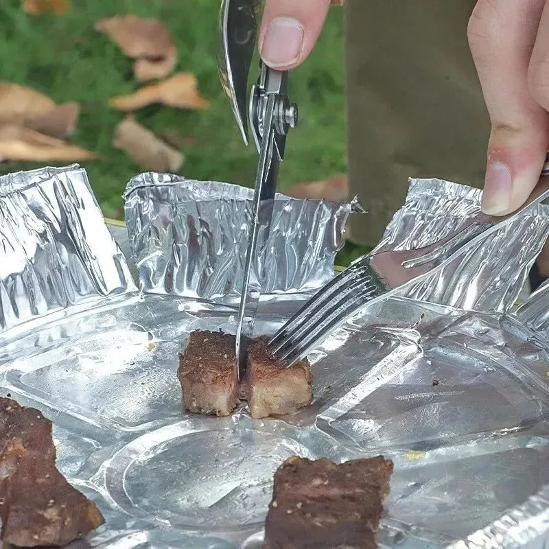 Multifunctional Portable Folding Cutlery Set - Stainless Steel Knife, Fork, Spoon, and Can Opener for Outdoor Camping - Trekker Essentials
