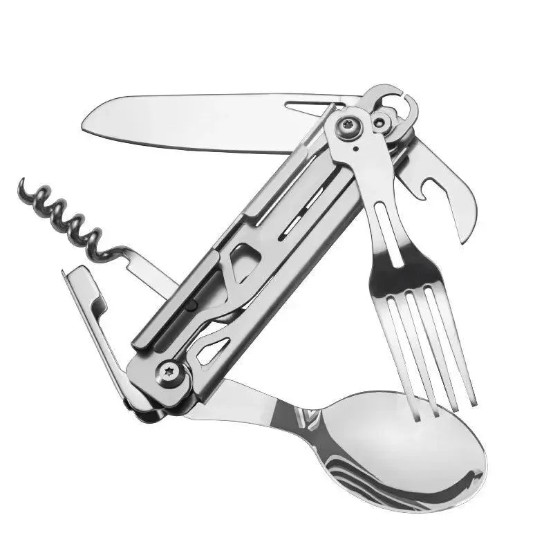 Multifunctional Portable Folding Cutlery Set - Stainless Steel Knife, Fork, Spoon, and Can Opener for Outdoor Camping - Trekker Essentials