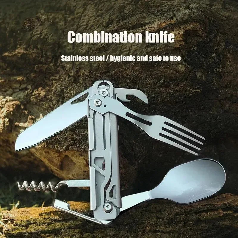 Multifunctional Portable Folding Cutlery Set - Stainless Steel Knife, Fork, Spoon, and Can Opener for Outdoor Camping - Trekker Essentials