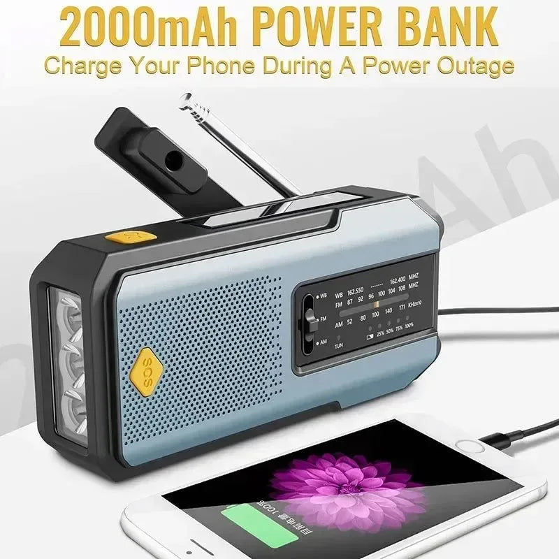 Multifunctional Solar USB Charging Radio - FM, AM, WB Emergency with LED Flashlight & Power Bank (2000mAh) - Trekker Essentials