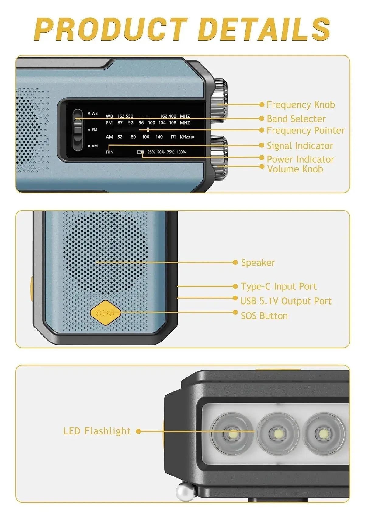 Multifunctional Solar USB Charging Radio - FM, AM, WB Emergency with LED Flashlight & Power Bank (2000mAh) - Trekker Essentials
