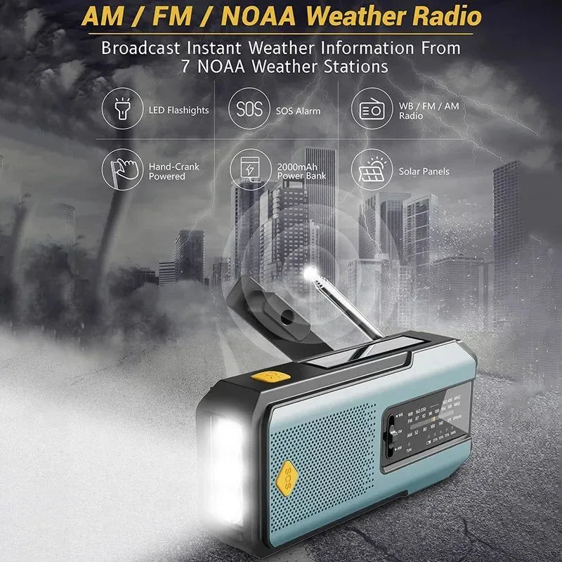 Multifunctional Solar USB Charging Radio - FM, AM, WB Emergency with LED Flashlight & Power Bank (2000mAh) - Trekker Essentials
