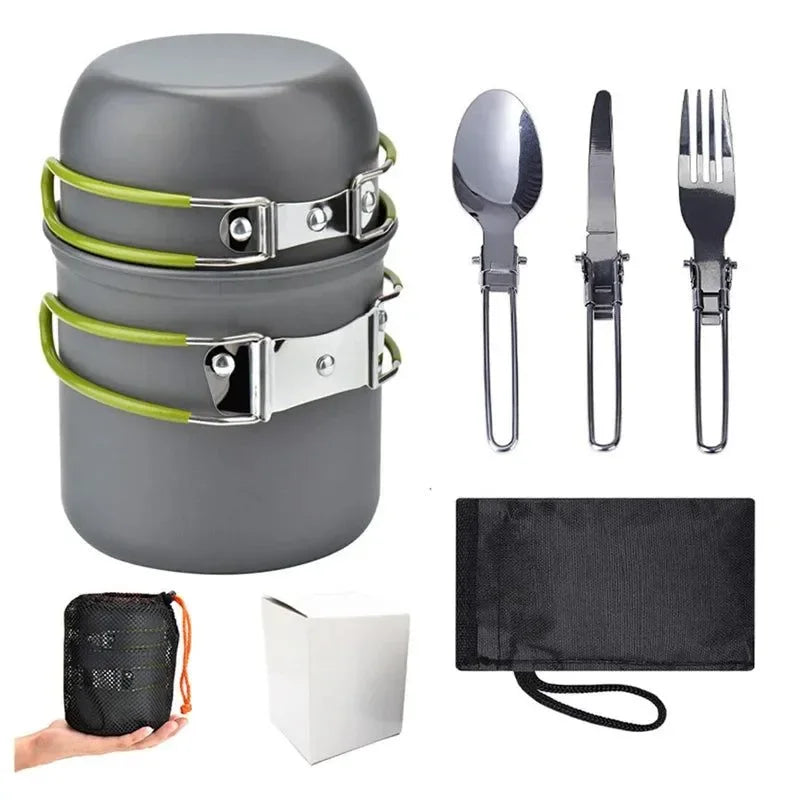 Nature Hike Portable Camping Cookware Set with Mini Gas Stove: Complete Picnic Cooking Kit - Trekker Essentials