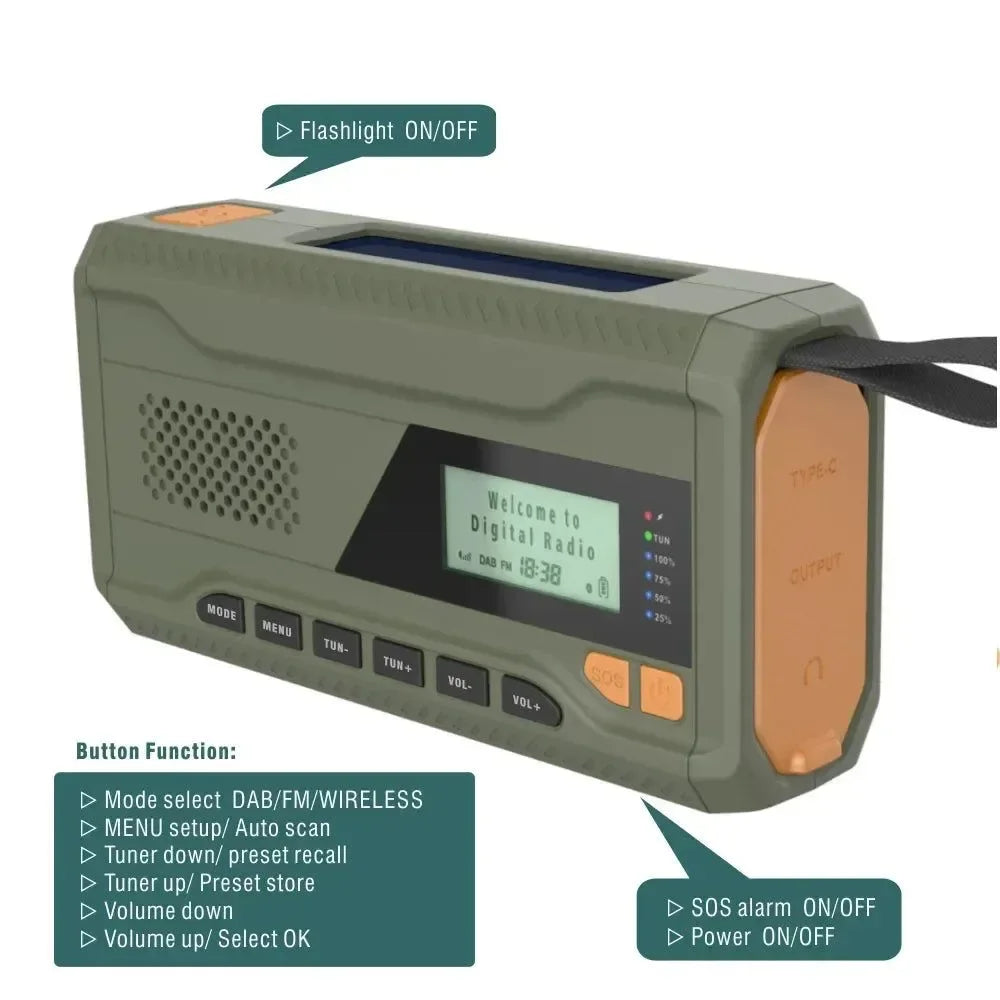 NOAA/DAB/FM Radio Emergency Radio Portable Solar Radio Receiver Hand Crank Dynamo Outdoor Bluetooth Speaker with LED Flashlight - Trekker Essentials