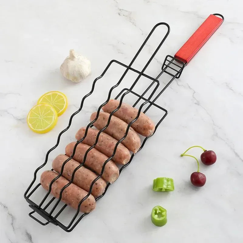 Non-Stick Sausage Grill Mesh BBQ Clip with Wooden Handle for Camping - Trekker Essentials