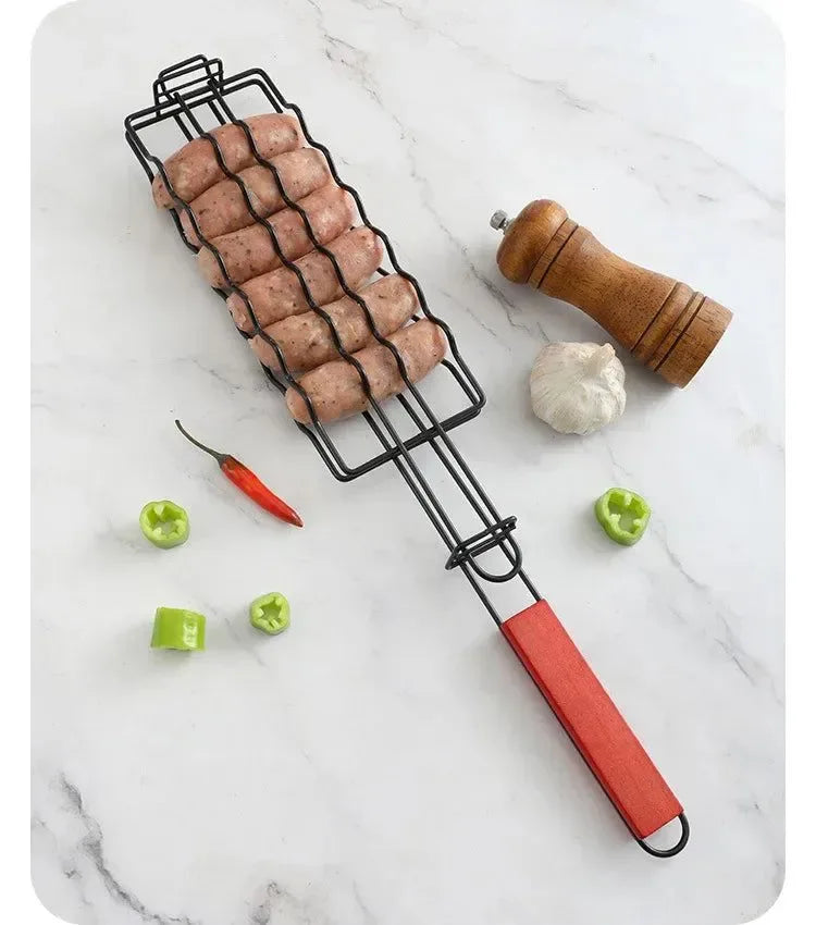 Non-Stick Sausage Grill Mesh BBQ Clip with Wooden Handle for Camping - Trekker Essentials