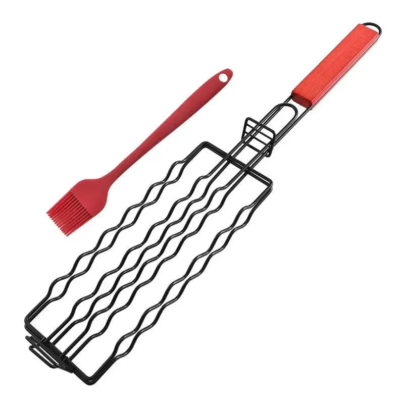 Non-Stick Sausage Grill Mesh BBQ Clip with Wooden Handle for Camping - Trekker Essentials