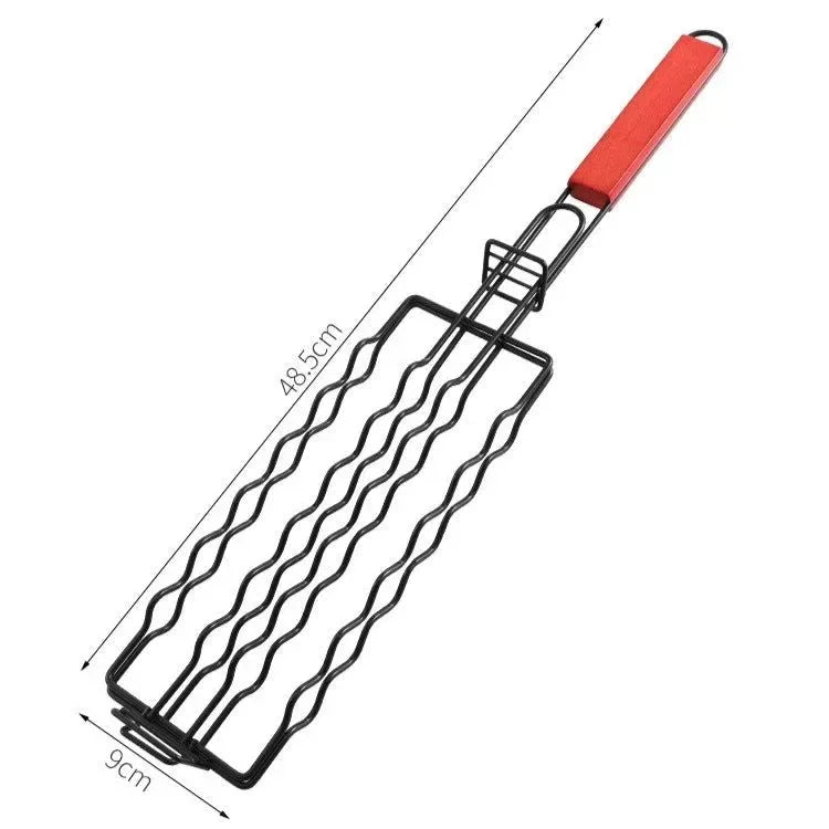Non-Stick Sausage Grill Mesh BBQ Clip with Wooden Handle for Camping - Trekker Essentials