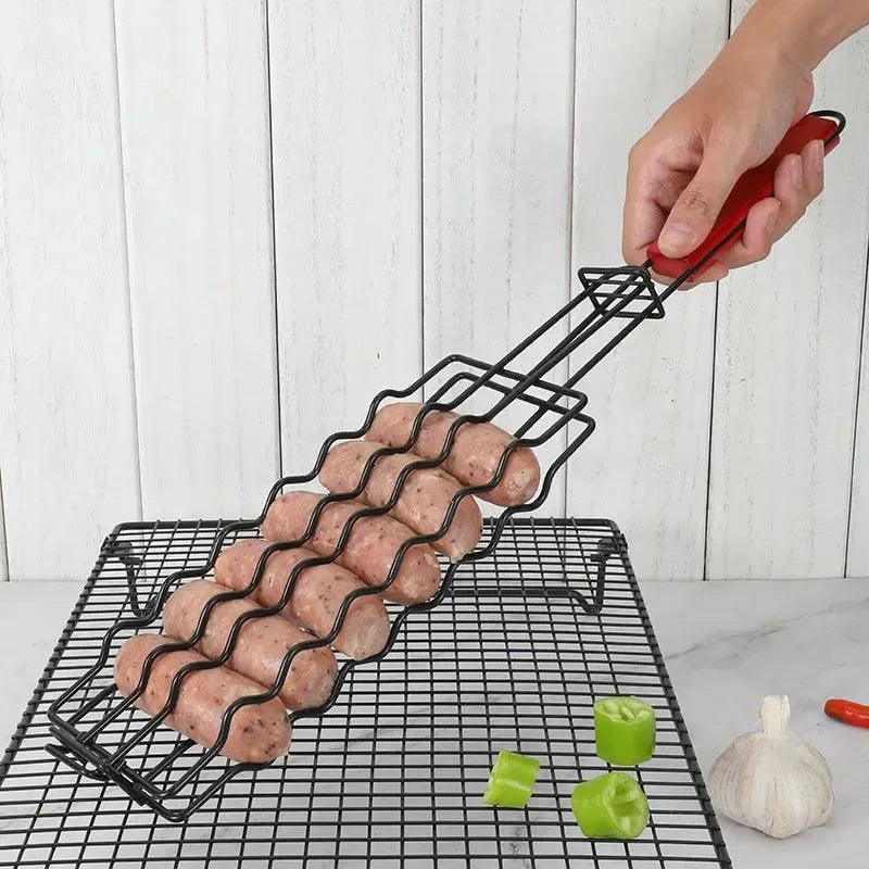 Non-Stick Sausage Grill Mesh BBQ Clip with Wooden Handle for Camping - Trekker Essentials