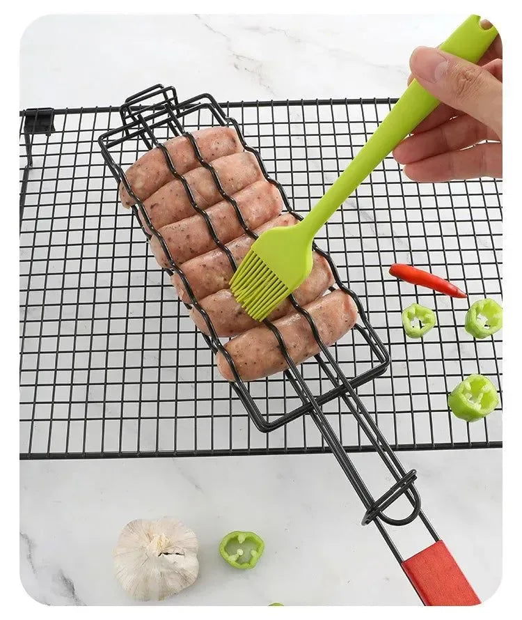 Non-Stick Sausage Grill Mesh BBQ Clip with Wooden Handle for Camping - Trekker Essentials