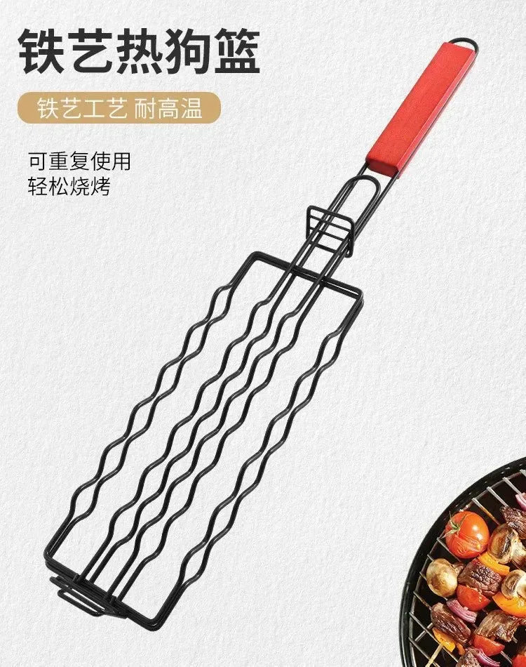Non-Stick Sausage Grill Mesh BBQ Clip with Wooden Handle for Camping - Trekker Essentials