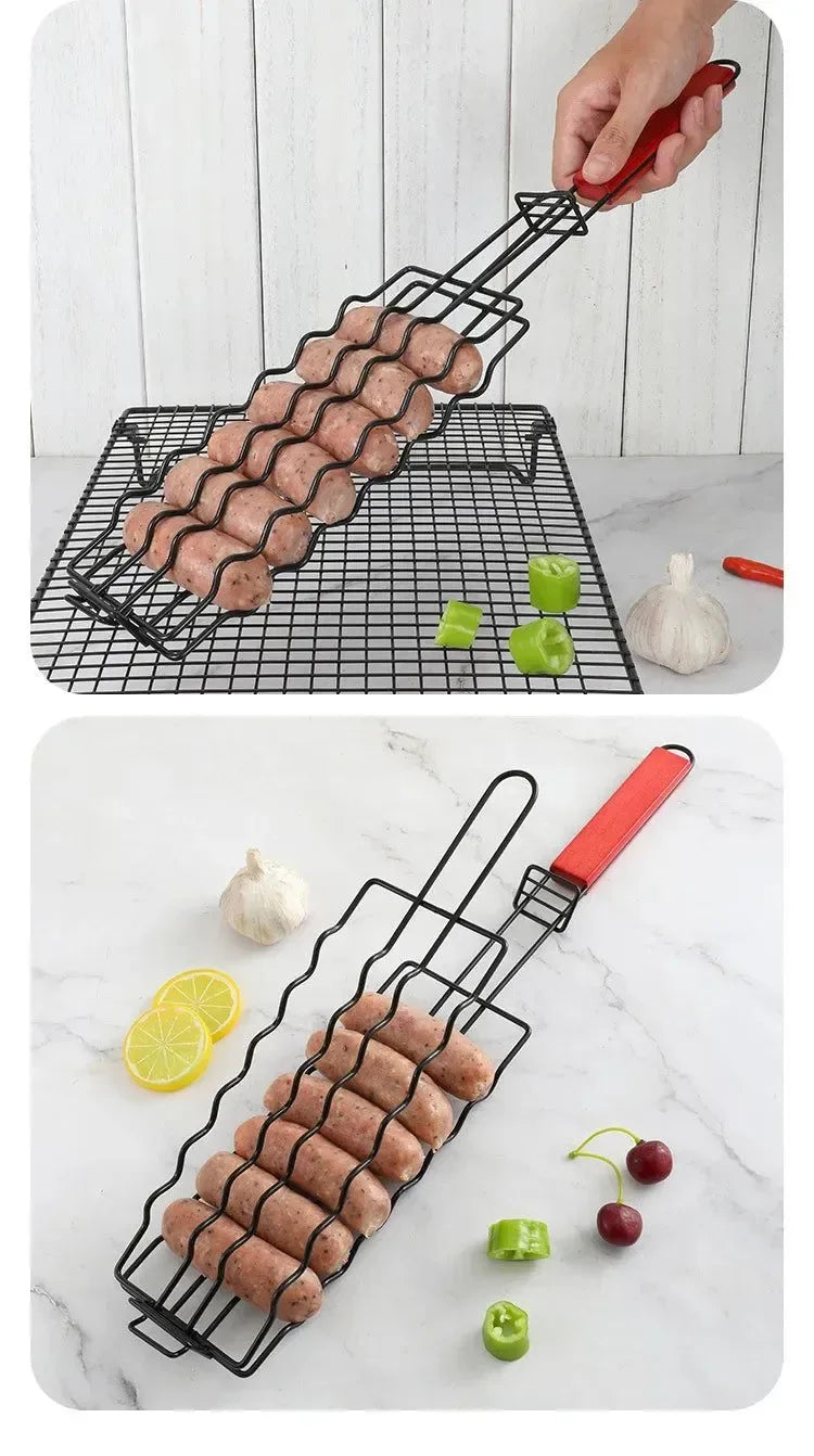 Non-Stick Sausage Grill Mesh BBQ Clip with Wooden Handle for Camping - Trekker Essentials